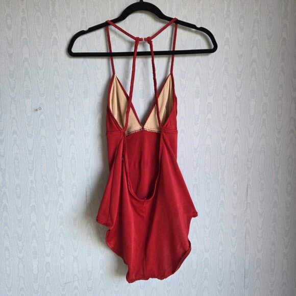 Vtg 80s 90s Malibu M/L Swimsuit One Piece Red Open Back Halter Racerback Retro - Picture 7 of 12